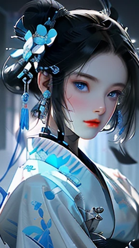 a close up of a slim young girl with black hair, very young girl wearing beautiful cyber hanfu robes with flower decorations,, blue eyes , beautiful fantastic miko, beautiful character painting , epic exquisite science fiction character art, stunning character art, by Fan Qi , painting , edge of art faded (ultra detailed face) , (ultra detailed ink art), scifi, wearing a beautiful cyberhanfu.