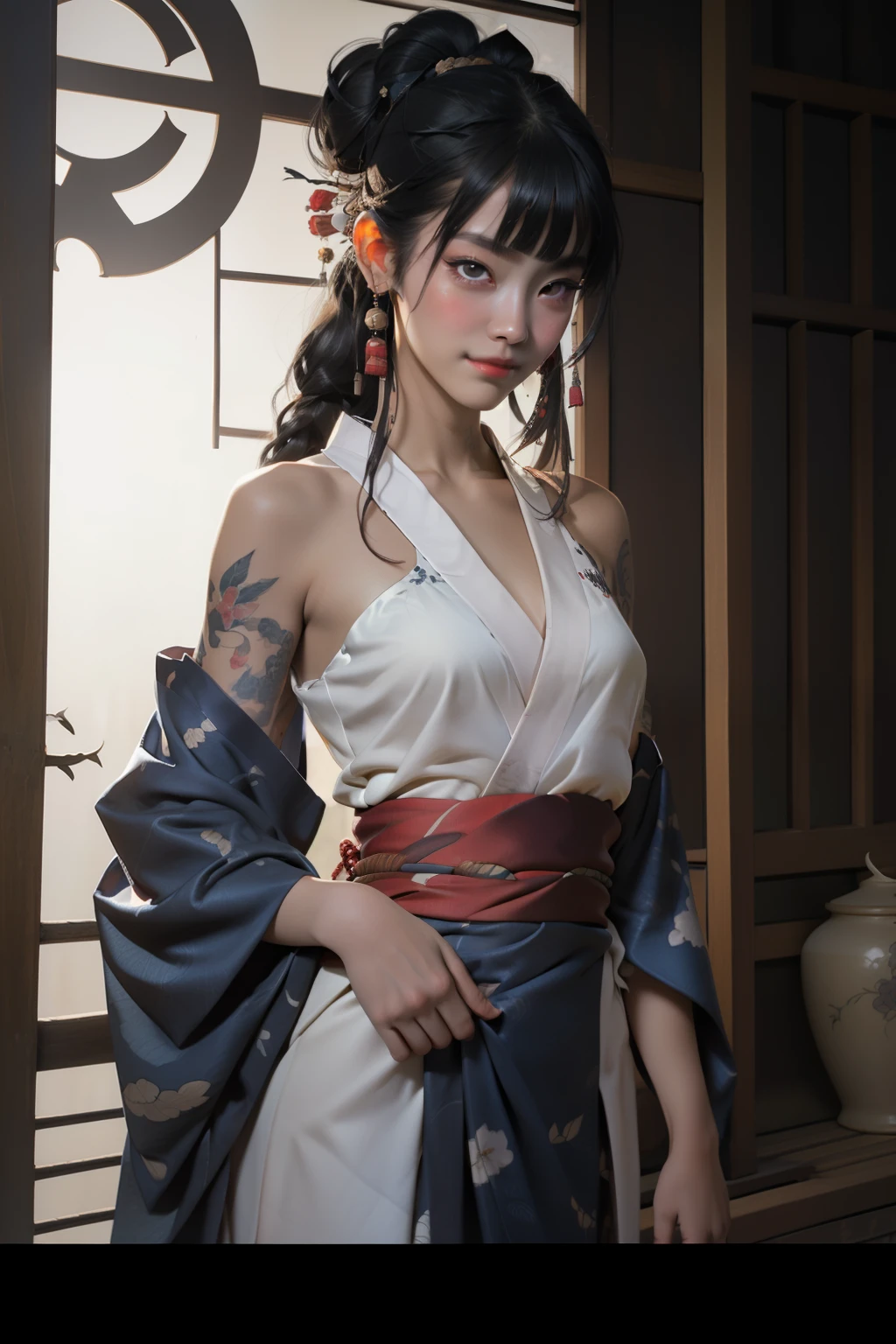 1 beautiful and seductive female devil, In the Dark: 1.6), surreal female portrait by David Hockney and Alphonse Mucha, fantasy art, korea doll, Photorealism, dynamic lighting, artstation, posters, volumetric lighting, very detailed faces, 32k ultra, all body, Awarded, in the dark, deep shadow, low key, cowboy lens, (japanese kimono dress: 1.4), long hair, brown colored hair, bust, luxurious palace,The most beautiful face, small breasts, Super realistic, japanese women's clothing thin yukata, Guweiz, devil style, loong, forehead mark, upper body, 2 bangs braided hair,Devil tattoo on shoulder,Slim figure,Leaner figure,Slim legs and hips,Awesome expression,Behind the smile lies a heart full of terrible, cruel emotions.,Hairstyles that go well with Japanese kimonos,Pull the hair up behind the ears and leave some loose hair.,The uniform color is the traditional indigo blue.,Exposing the shoulders and exuding a seductive feminine charm,Tie your hair up,Kimono with indigo or deep ultramarine coloring,Small, inconspicuous tattoos,Beautiful and clean images,A serious expression with a sense of sadness,