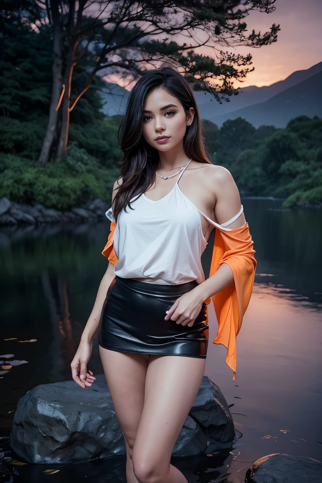 In the heart of the night, a tender and cute girl stands by the tranquil lake, enveloped by a gentle mist. The moon casts its soft light on her, illuminating her delicate features and the rainbow hues dancing on the peonies blossoms nearby. Fireflies fly around, adding a mystical sparkle to the scene. In the distance, the fiery glow of a volcano and the roaring of a waterfall paint a dramatic backdrop. She wears a leather miniskirt that hugs her athletic body, paired with a body-tight T-shirt that has a deep neckline, showcasing her slender and chic legs. Her
