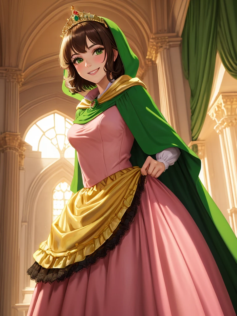 masterpiece, best quality:1.2), 1girl, smile, looking at viewer, green eyes, short brown hair, princess, princess dress, wearing puffy pink ballgown reaching the floor, green cloak cape, golden tiara with veil, standing in ballroom of medieval castle