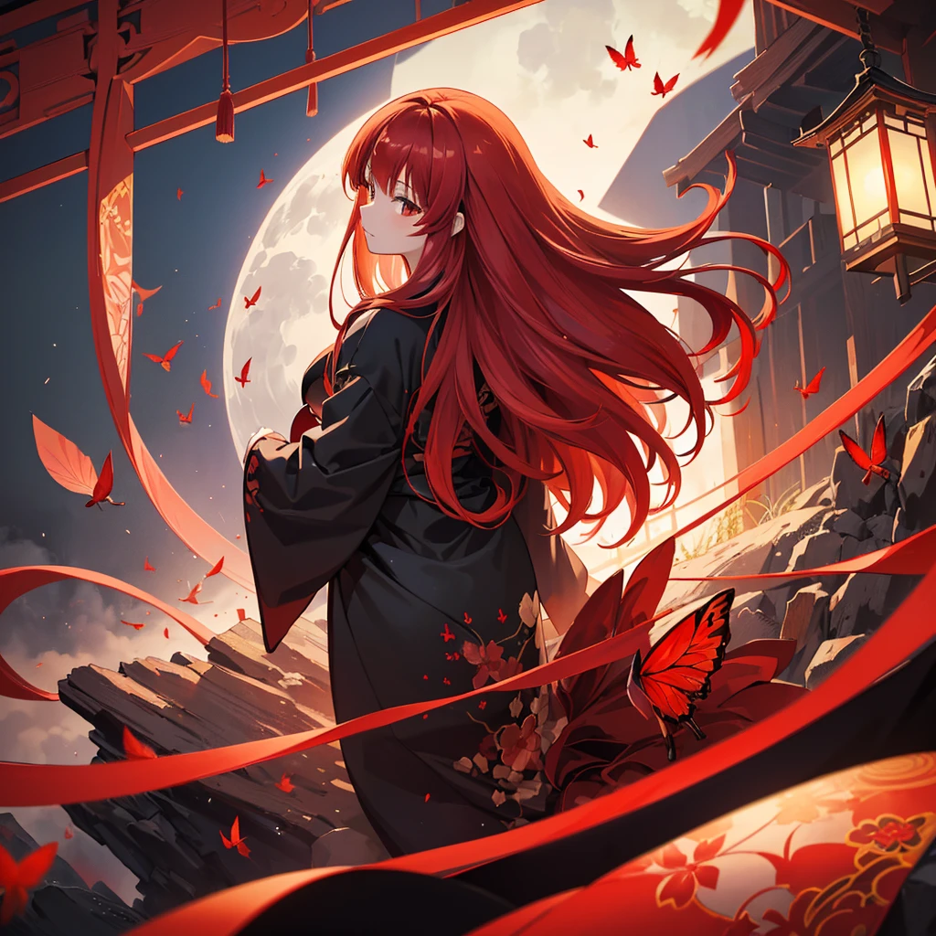 ((High resolution　Redhead　Long Hair　Black kimono　red band　Lonely　sorrow))　((Red butterfly　night　Japanese style　shoulder　old　Shining Aura　rain))　(dance)　moon　star　Catch the wind　autumn