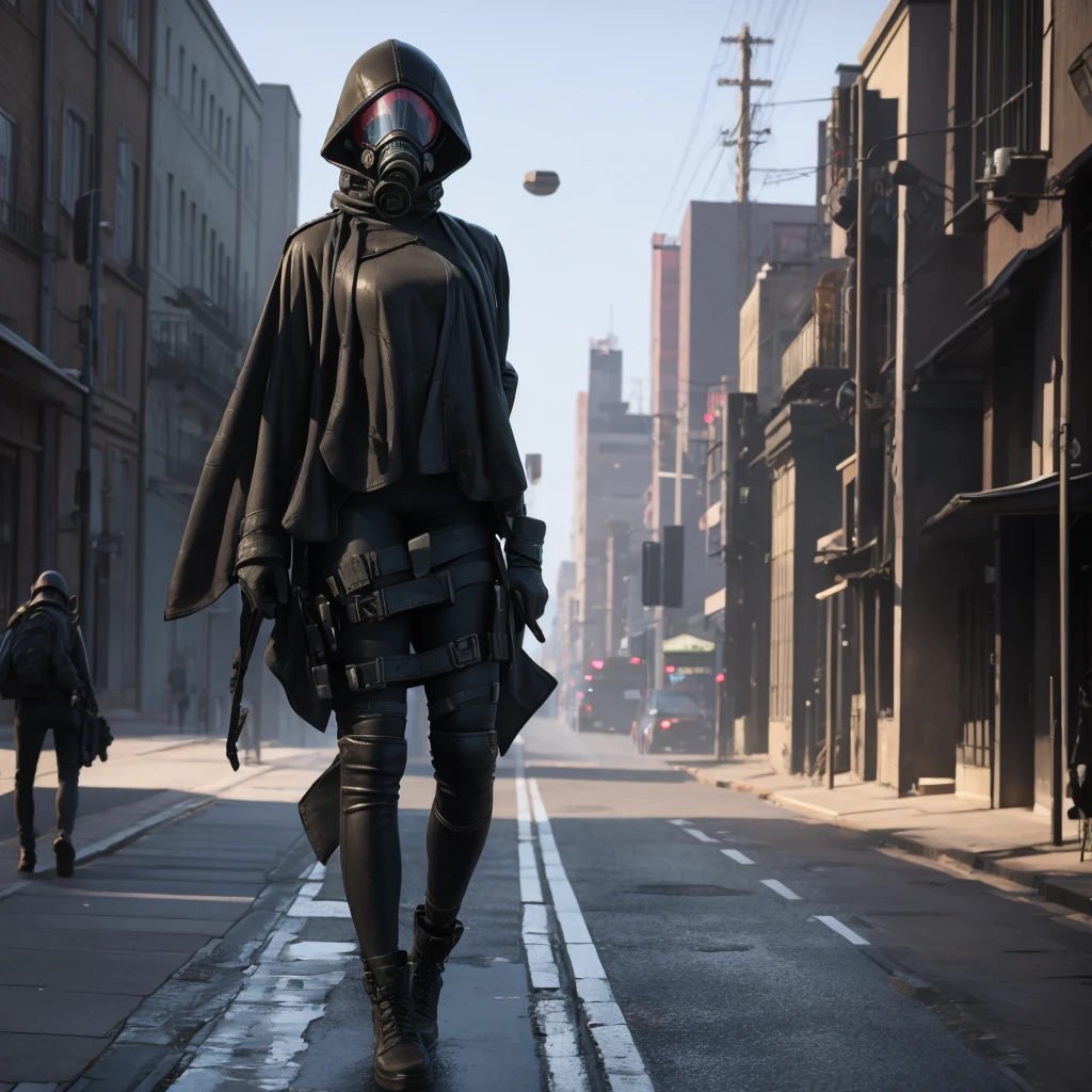 She is walking in middle of a street dressed in black and wearing a gas mask, abandon city with only one Power Nuclear Plant in the distance but there is not other people , there is a olive green toxic gas in the air, ultra high quality, 4K, low angle, (masterpiece, top quality, best quality, official art, beautiful and aesthetic:1.2),
