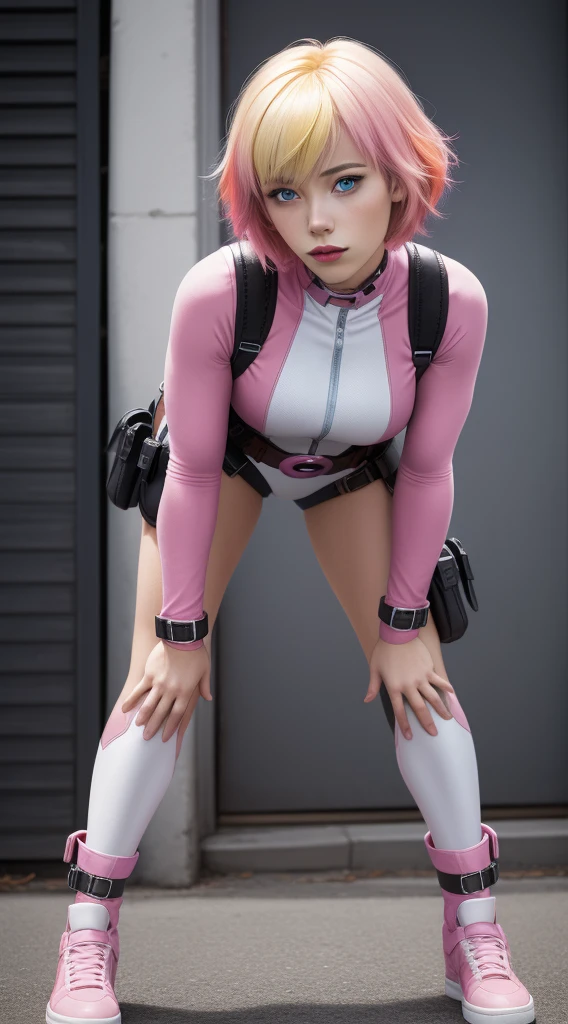 gwenpool, 1girl, blonde hair, multicolored hair, solo, blue eyes, short hair, gradient hair, belt, two-tone hair, pink hair, breasts. Bending over, pose