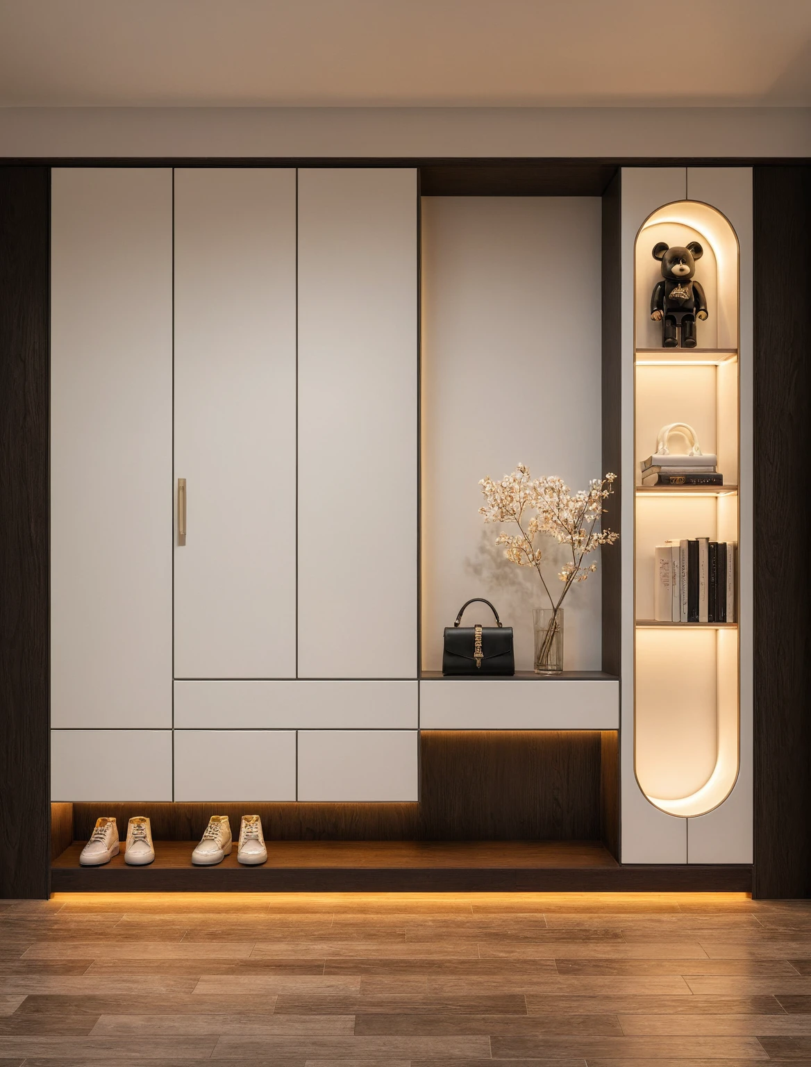 Raw photo,Masterpiece, high quality, best quality, authentic, super detail, interior, shoes Cabinet style modern luxury , sunset, daylight, shoe cabinets, decorative cabinets, flower vases, led lights, ceiling lights, decorations, books, wooden floor, handbags, shoes, bearbrick, mirror, ((black and white tones))