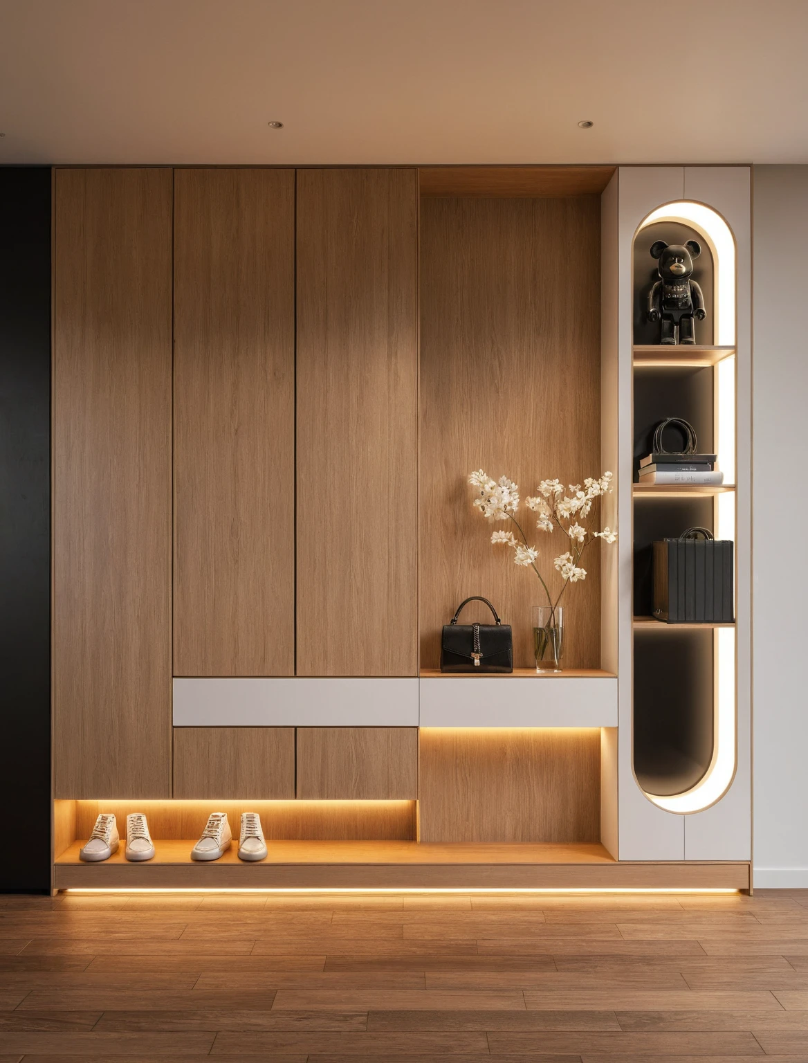 Raw photo,Masterpiece, high quality, best quality, authentic, super detail, interior, shoes Cabinet style modern luxury , sunset, daylight, shoe cabinets, decorative cabinets, flower vases, led lights, ceiling lights, decorations, books, wooden floor, handbags, shoes, bearbrick, mirror, ((black and white tones))