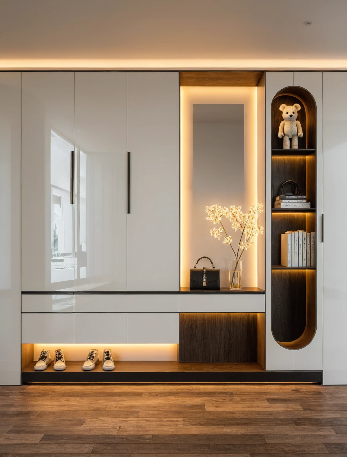 Raw photo,Masterpiece, high quality, best quality, authentic, super detail, interior, shoes Cabinet style modern luxury , sunset, daylight, shoe cabinets, decorative cabinets, flower vases, led lights, ceiling lights, decorations, books, wooden floor, handbags, shoes, bearbrick, mirror, ((black and white tones))
