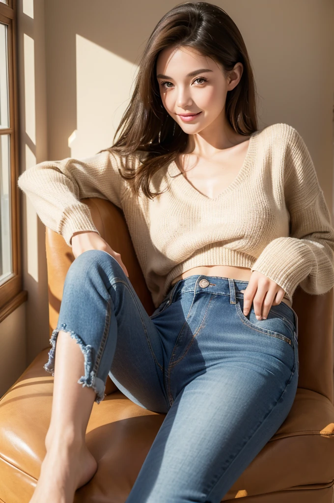 (Best quality,8K,masterpiece:1.3),(Sharp focus:1.2),accurate brunette,Smile,(A girl:1.2),(Well-proportioned body:1.4),(Short sweater:1.4)(jeans:1.2),external,Autumnal,Sunlight,Delicate face,beautiful eyes,Straight Legs