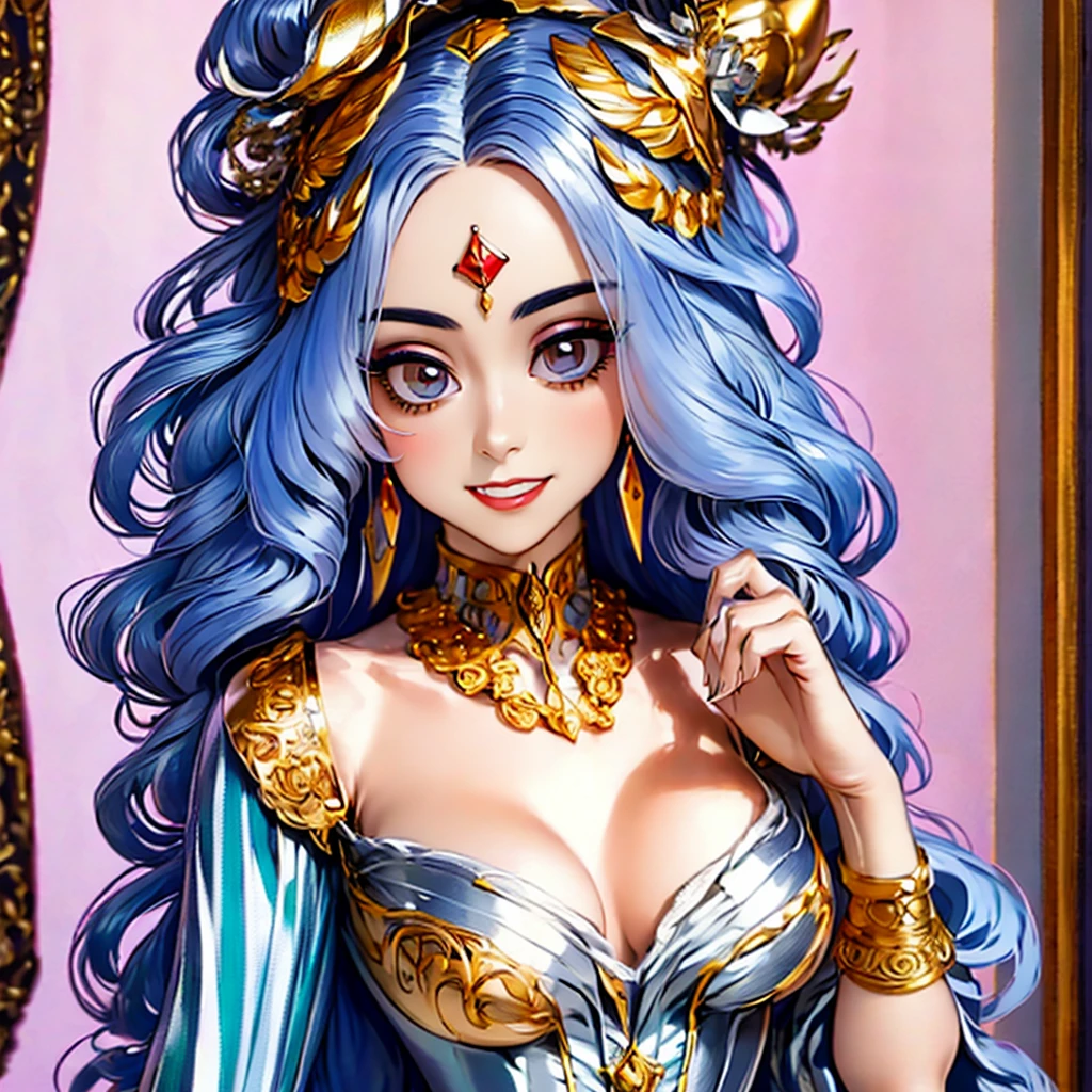 araffe woman in a silver dress with a head chain, a digital rendering by Eva Frankfurther, tumblr, art nouveau, forehead jewelry, headpiece, intricate chrome headdress, jeweled ornament over forehead, intricate headpiece, ornate headpiece, baroque gold headpiece, head piece, draped in shiny gold and silver, ornate metal gold headpiece