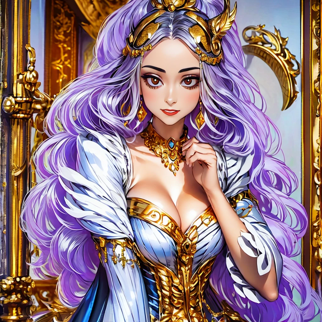 araffe woman in a silver dress with a head chain, a digital rendering by Eva Frankfurther, tumblr, art nouveau, forehead jewelry, headpiece, intricate chrome headdress, jeweled ornament over forehead, intricate headpiece, ornate headpiece, baroque gold headpiece, head piece, draped in shiny gold and silver, ornate metal gold headpiece