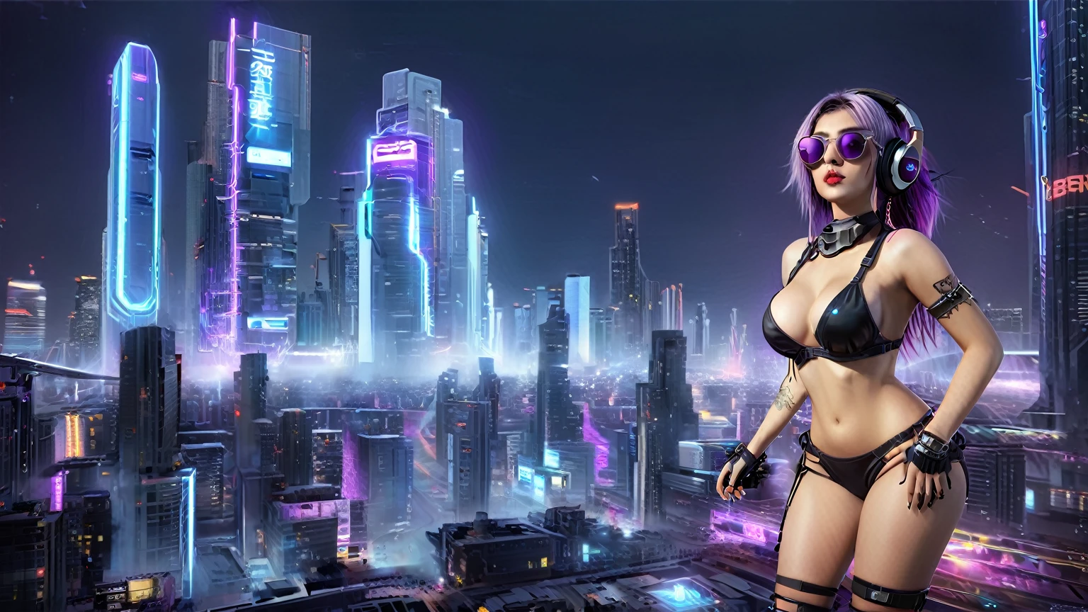 masterpiece, best quality, high resolution, 8k, (Portrait Photos:1.5), (R Original Photo), real picture, Digital Photography, (A fusion of cyberpunk and fantasy), 20 year old girl, solo, (((black sunglasses, headphone))), Feel free to hairstyle, Purple Eyes, By Bangs, (large breasts, cleavage, Accessories, Elegant and charming, Combination of cyberpunk and fantasy style clothing, Hollow carving design, Photo poses, Realistic style, (((((((pistol shooting pose))))))), oc render reflection texture, sentry, (((((Cyberpunk style future city))))), night, Bustling streets, (((((half-body (thigh level) medium shot))))).