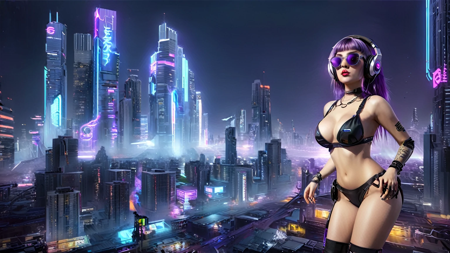 masterpiece, best quality, high resolution, 8k, (Portrait Photos:1.5), (R Original Photo), real picture, Digital Photography, (A fusion of cyberpunk and fantasy), 20 year old girl, solo, (((black sunglasses, headphone))), Feel free to hairstyle, Purple Eyes, By Bangs, (large breasts, cleavage, Accessories, Elegant and charming, Combination of cyberpunk and fantasy style clothing, Hollow carving design, Photo poses, Realistic style, (((((((pistol shooting pose))))))), oc render reflection texture, sentry, (((((Cyberpunk style future city))))), night, Bustling streets, (((((half-body (thigh level) medium shot))))).