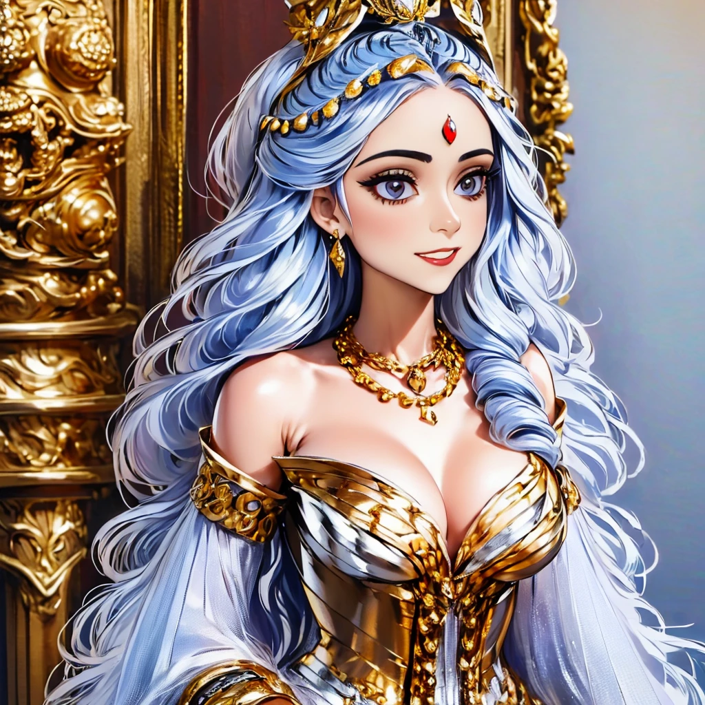 araffe woman in a silver dress with a head chain, forehead jewelry, headpiece, intricate chrome headdress, jeweled ornament over forehead, intricate headpiece, ornate headpiece, baroque gold headpiece, head piece, draped in shiny gold and silver, ornate metal gold headpiece, jeweled headdress, mesh headdress, intricate gold headdress