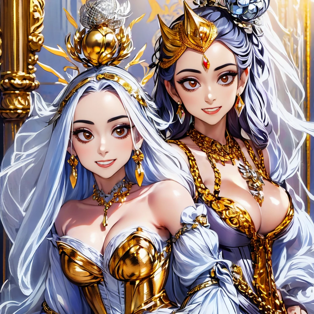 araffe woman in a silver dress with a head chain, forehead jewelry, headpiece, intricate chrome headdress, jeweled ornament over forehead, intricate headpiece, ornate headpiece, baroque gold headpiece, head piece, draped in shiny gold and silver, ornate metal gold headpiece, jeweled headdress, mesh headdress, intricate gold headdress