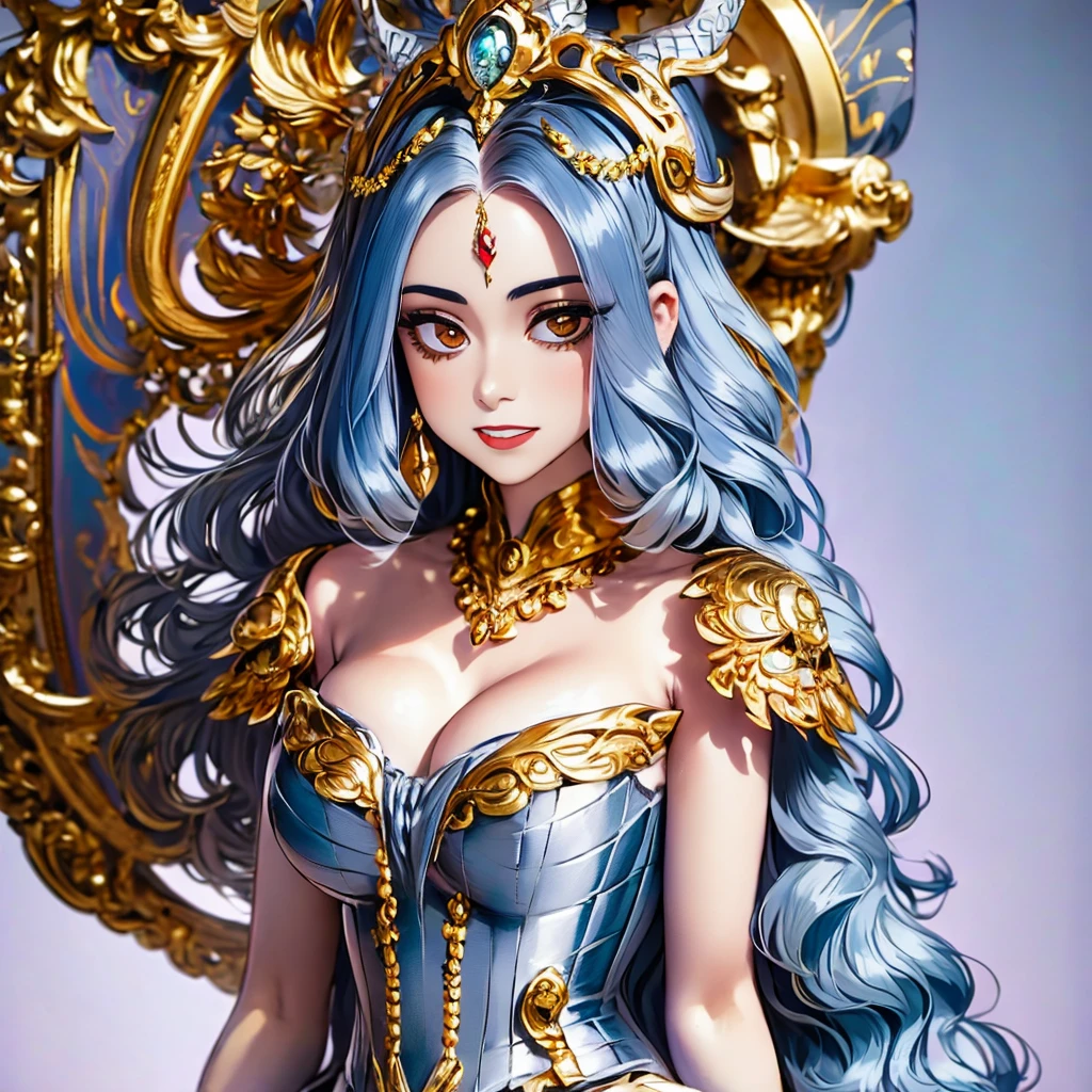 araffe woman in a silver dress with a head chain, a digital rendering by Eva Frankfurther, tumblr, art nouveau, forehead jewelry, headpiece, intricate chrome headdress, jeweled ornament over forehead, intricate headpiece, ornate headpiece, baroque gold headpiece, head piece, draped in shiny gold and silver, ornate metal gold headpiece