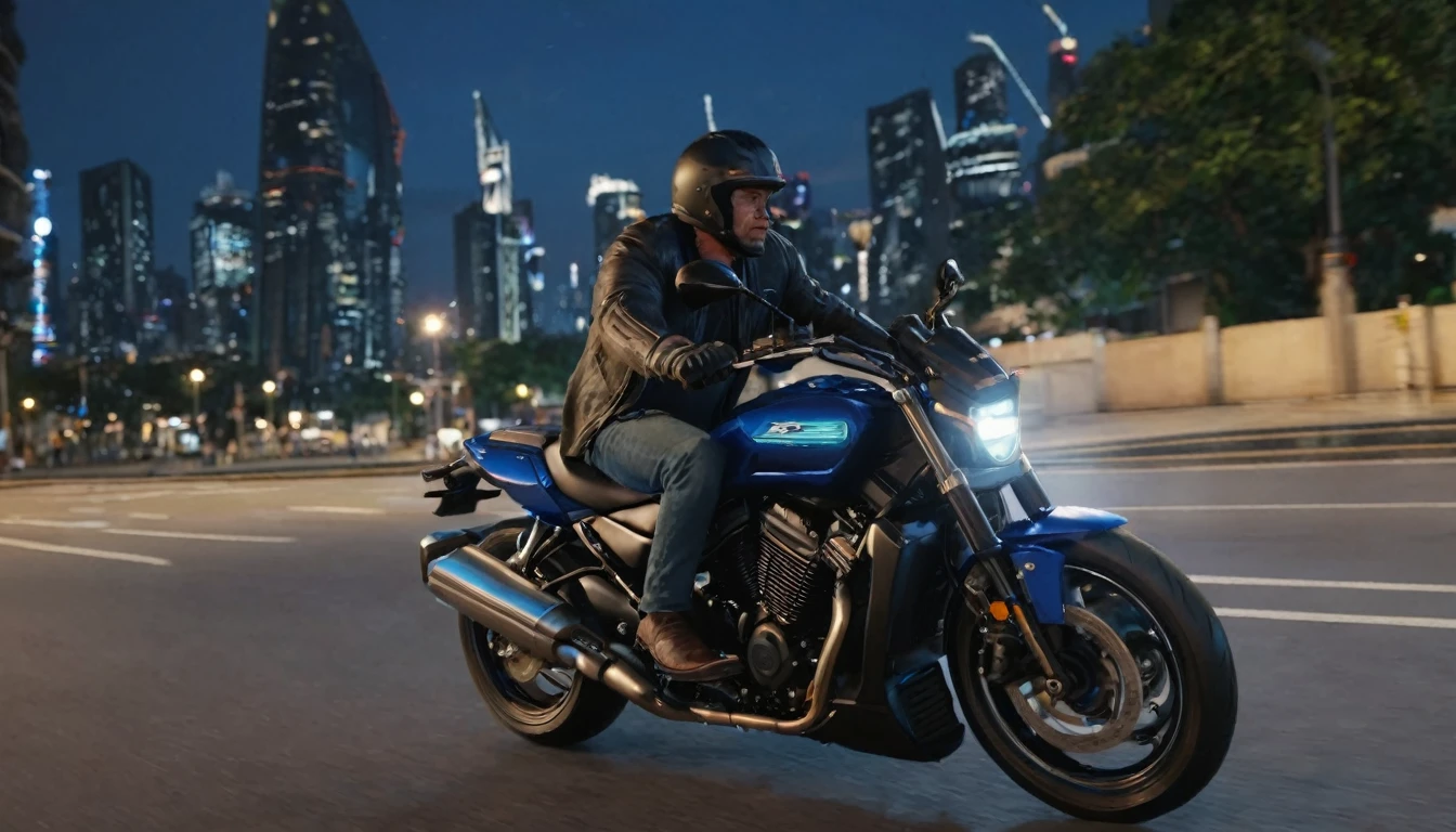 score_9, score_8_up, score_7_up, source_photo, photography, photorealistic, detailed, rating safe, front view, very wide shot, a motorcycle runs the night city, rider is a middle aged man, masterpiece, best quality, 8k,