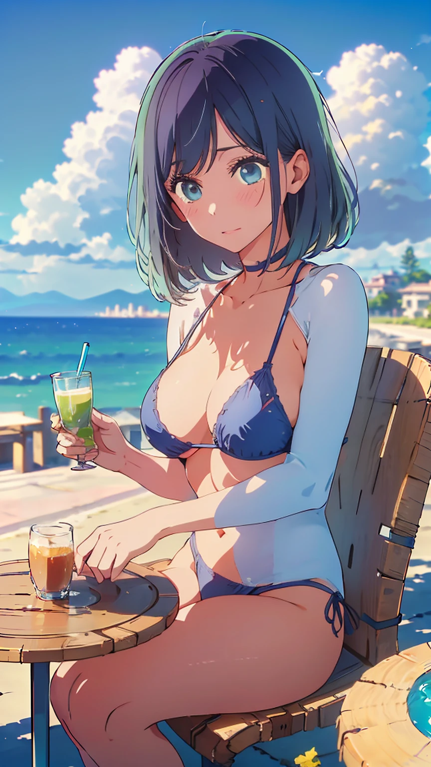 (Highest quality:1.4、masterpiece:1.4、Super detailed:1.4、8K:1.4)、F cup bust、Big Breasts、Slim body、((((1 person、Surprised expression、sit、Chair、In the background are the urban buildings of Tokyo、looking at the camera、Outdoor café terrace、coastal、Navy hair color、juice、table、Very cute face))))、(Pose of putting hair behind ears with hands:1.4、Cheek resting on hand:1.4）、((nude、Areola、bikini))、Very blue sky、A completely cloudless sky、Big eyes、((((Shallow depth of field))))、Pink Lips