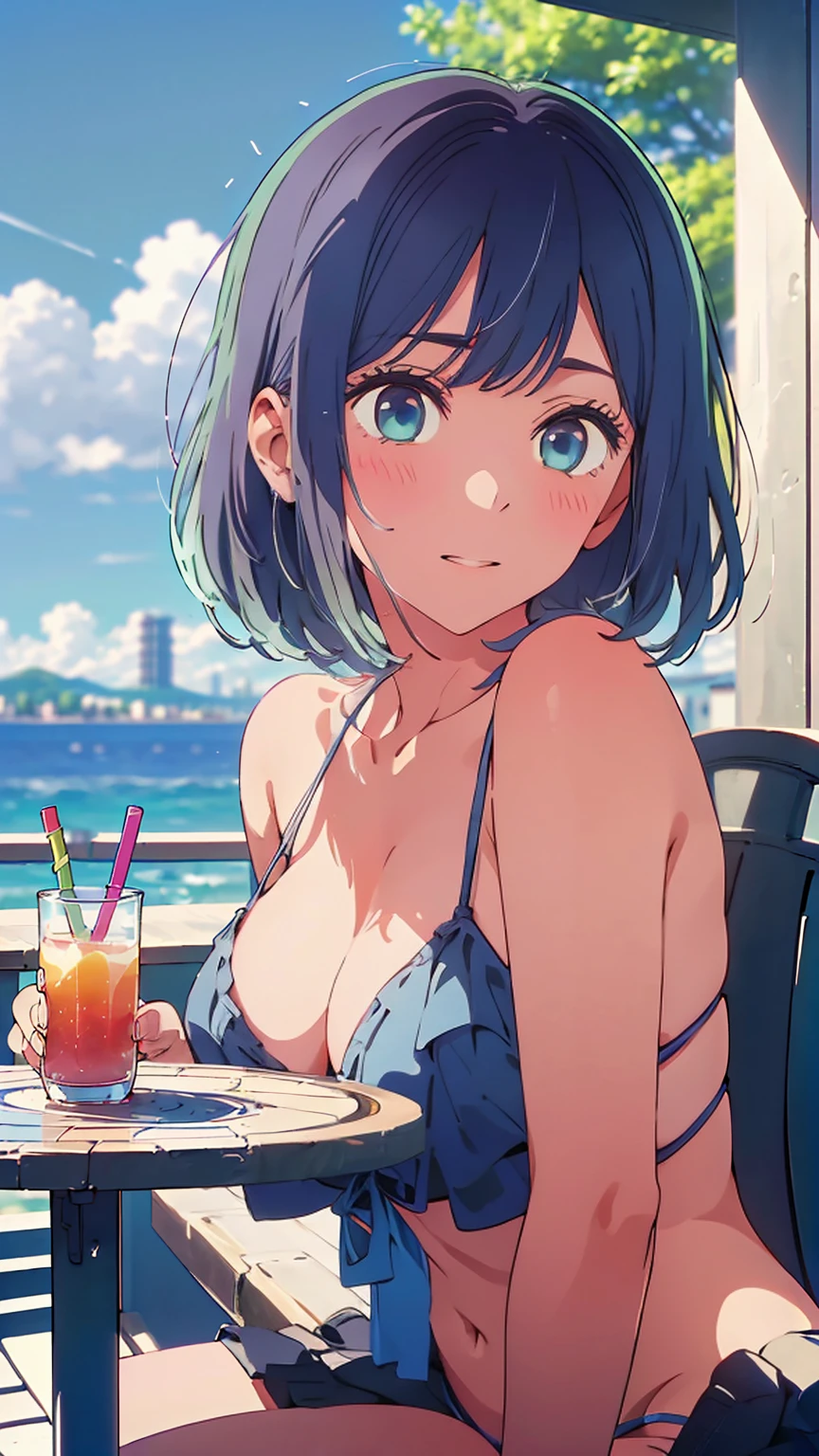 (Highest quality:1.4、masterpiece:1.4、Super detailed:1.4、8K:1.4)、F cup bust、Big Breasts、Slim body、((((1 person、Surprised expression、sit、Chair、In the background are the urban buildings of Tokyo、looking at the camera、Outdoor café terrace、coastal、Navy hair color、juice、table、Very cute face))))、(Pose of putting hair behind ears with hands:1.4、Cheek resting on hand:1.4)、((nude、Areola、bikini))、Very blue sky、A completely cloudless sky、Big eyes、((((Shallow depth of field))))、Pink Lips