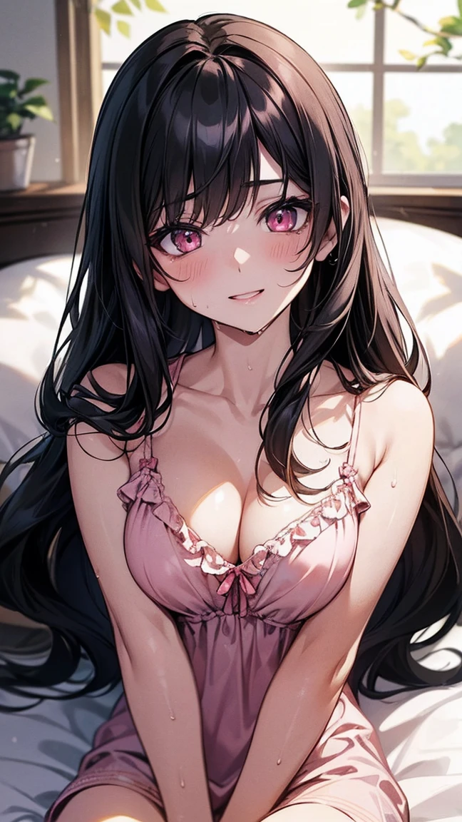 (best quality:1.1), (Masterpiece:1.2), lady, long hair, black hair, Hair bow, ถักเปีย, pink eyes, ((beautiful breasts:1.3)), beautiful, cute, Bright face, Good mood, ((pajamas dress)), ((very wet)), ปากอมชมพู, ยิ้ม, ((bedroom)), ((sfw)), เย้ายวน, collarbone, ((Highest quality, Best Performance, Maximum details, Light and shadow details:1.2, 4k details))