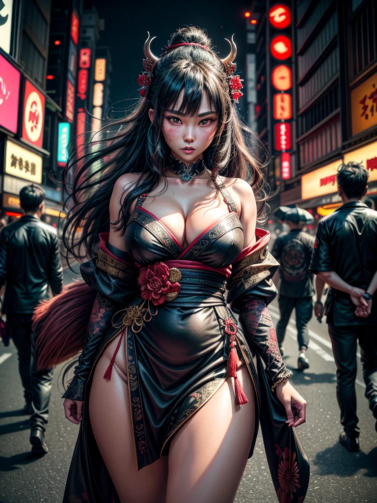 (masterpiece, cinematic photograph capturing the bustling streets of Shibuya, Japan, adorned with a procession of "oni" - traditional Japanese demons, parading through the night under the gaze of the intrigued crowd:1.3), (meticulously composed to convey the dynamic energy of the scene and the mystique of the "oni" creatures:1.2), (the intricate details of the "oni" costumes and the expressions of the people in the crowd adding depth to the visual narrative:1.1), (meticulous attention given to the neon-lit surroundings and the vivid contrast between the "oni" and the modern cityscape:1.1), (the chosen camera, a Canon EOS 5D Mark IV, renowned for its low-light performance, effectively capturing the vibrant atmosphere of the scene:1.1), (paired with a Canon EF 24-70mm f/2.8L II USM lens, allowing for versatility and sharpness in the wide-angle composition:1.1), (a portrayal that evokes a sense of enchantment and cultural fusion in the heart of a bustling city:1.1), (an image that invites viewers to immerse themselves in the urban fantasy and explore the intersection of tradition and modernity:1.1), (an artwork that encapsulates the vibrant nightlife of Shibuya and the captivating allure of the "oni" parade:1.1), (an invitation to witness a unique blend of myth and reality, captured in a cinematic frame:1.1), (a photographic journey that transports the audience to the lively streets of Tokyo's most iconic district:1.1)), Cinematic, Hyper-detailed, insane details, Beautifully color graded, Unreal Engine, DOF, Super-Resolution, Megapixel, Cinematic Lightning, Anti-Aliasing, FKAA, TXAA, RTX, SSAO, Post Processing, Post Production, Tone Mapping, CGI, VFX, SFX, Insanely detailed and intricate, Hyper maximalist, Hyper realistic, Volumetric, Photorealistic, ultra photoreal, ultra-detailed, intricate details, Super detailed, Full color, Volumetric lightning, HDR, Realistic, Unreal Engine, 16K, Sharp focus, Octane render
