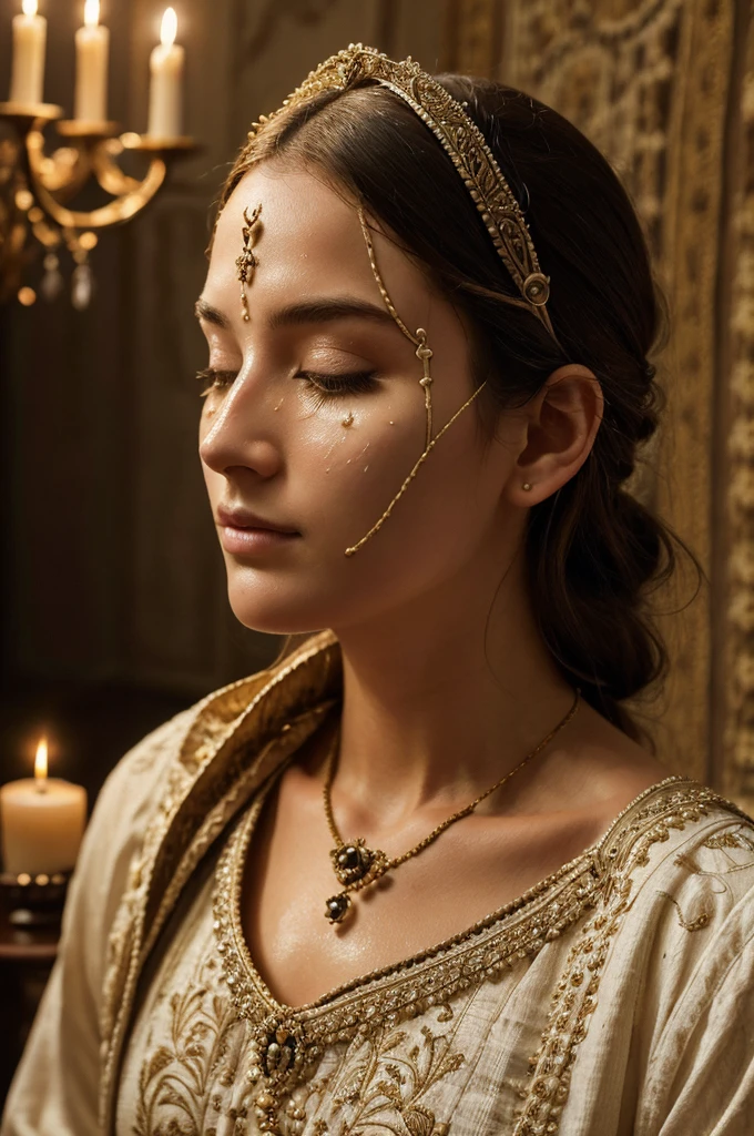 a close up of a person with a blind on their face Intricate details capture the essence of a noble figure against a backdrop of timeless tapestries, bathed in soft, candlelit ambiance
