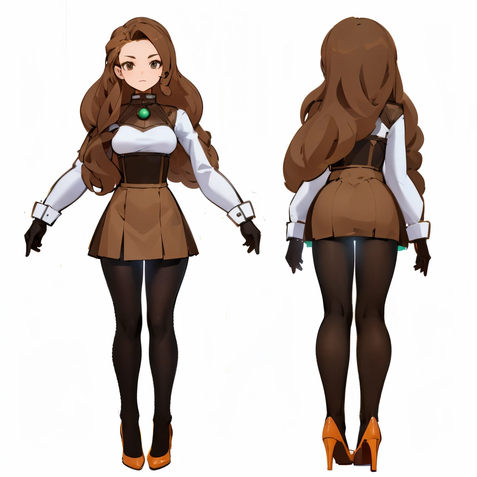 Character design of a young woman with long, wavy brown hair, wearing a white blouse with puffed sleeves, a high-waisted brown skirt, black tights, and orange high heels. She has a green gem necklace and brown gloves. The character is depicted in both front and back views. The style is anime-inspired with clean lines and a simplified, non-realistic, cartoonish appearance. Ensure the proportions are consistent and accurate to the reference, with a focus on creating a clean and well-defined model suitable for 3D rendering, [clean lines, accurate proportions, consistent details, anime style, simplified cartoonish appearance, high-quality rendering, detailed clothing and accessories]