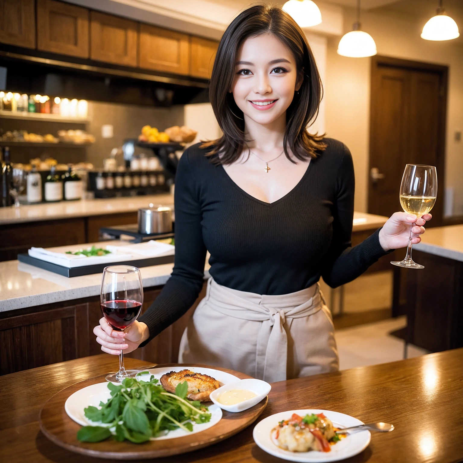 （Realistic:1.1）,(masterpiece,Highest quality)，8k,(56 years old), 53 years old, ベリーslimボディ、slimカップル、Tight waist,Upper Body,full-course dinner、wine 、Amazing view of the sunset sky and clouds、Perfect Anatomy, Brown Hair, short hair,Random Hairstyles,((Highly detailed face and eyes:1.2))，Perfect golden ratio face，Long sleeve shirt、dress,(smile:1.2)、Shortcuts、cute、(Realistic, Intricate details:1.2), A bright smile、short hair,Bright Face、赤wine 、Appetizers、Italian food、wine bottle、Champagne、スパークリングwine、(slimな顔), (The body is slim), (Brown Hair), (Shortcuts),  Upper Body, 白wine, slim, wineグラス, 
