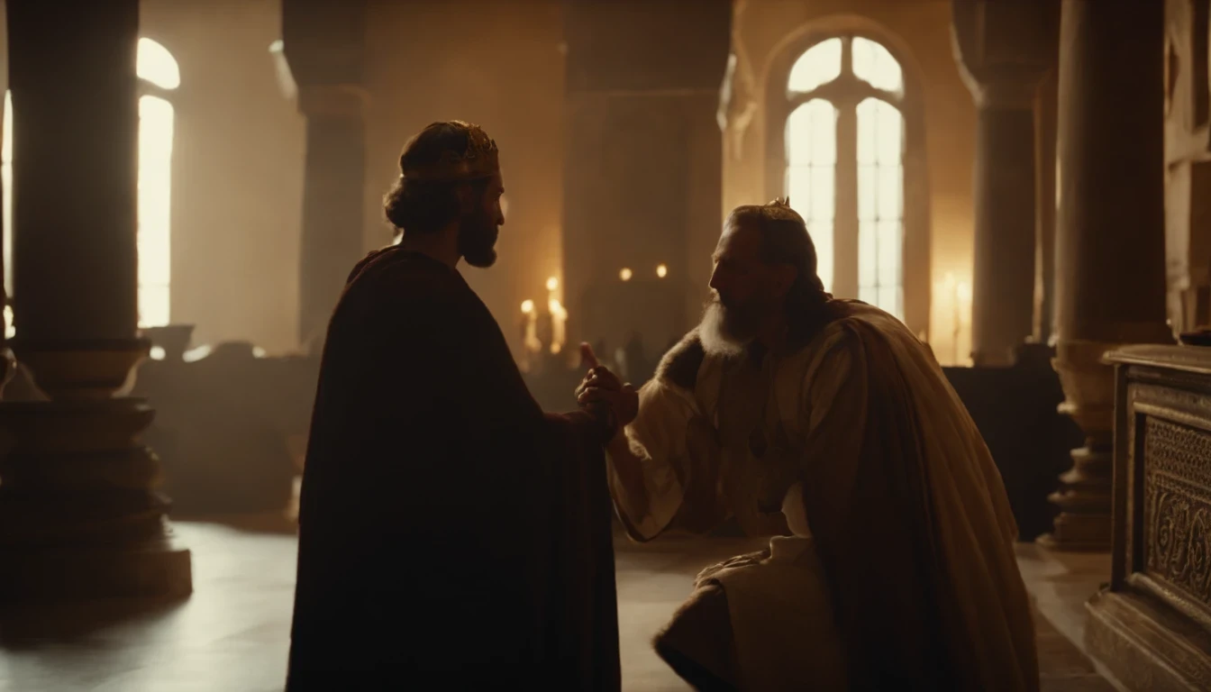 King Artaxerxes in his palace talking to his servant., Bible character