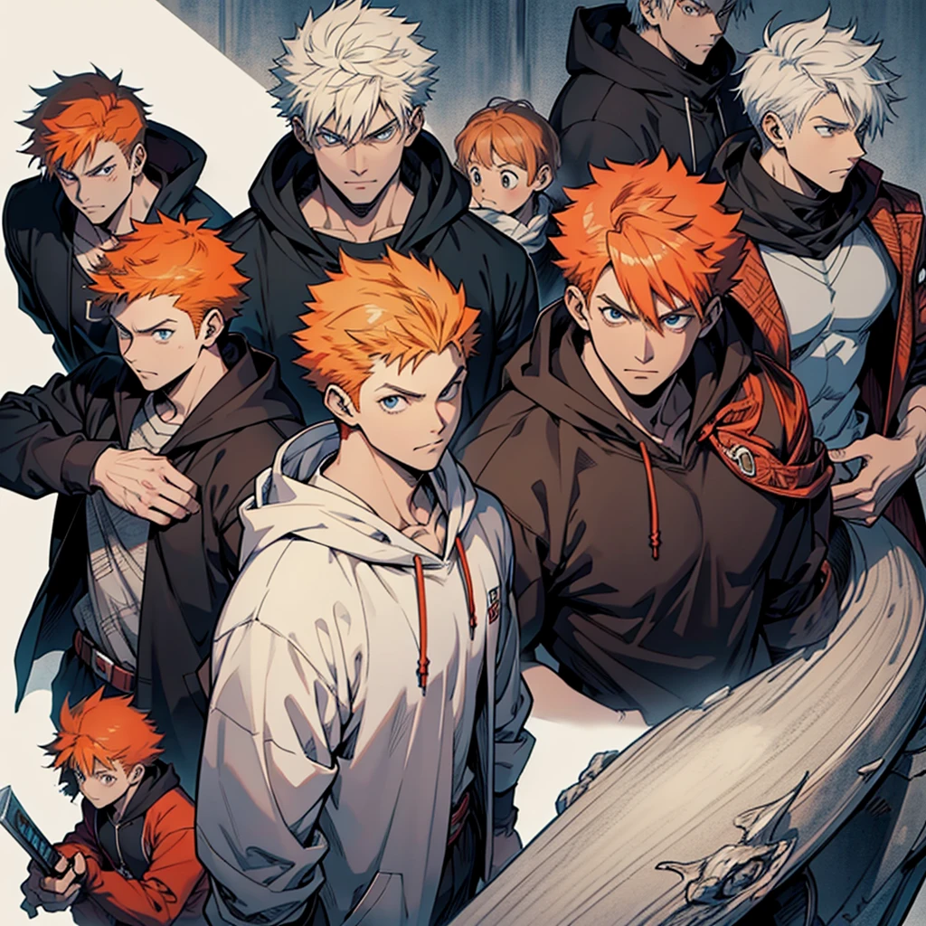 only one man in a gray hoodie, orange - haired anime boy, white smile, kentaro miura manga art style, handsome guy in demon slayer art, tall anime guy with blue eyes, archie andrews