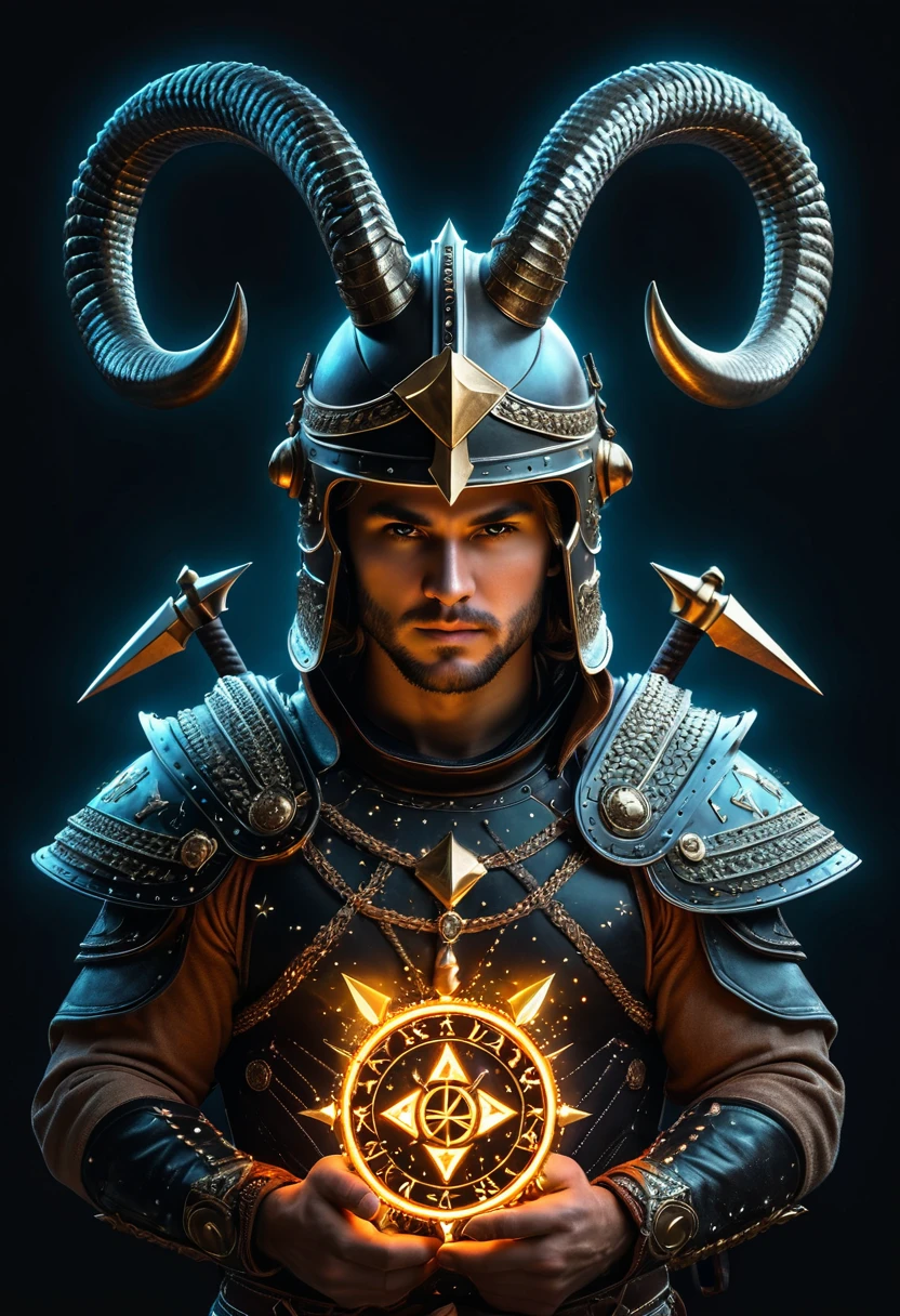 Viking man holds in his hands a huge luminous zodiac sign "SAGITTARIUS ARROW", a helmet with horns on his head, a stern look, black background, neon illumination, bulge, crowding, metallic luster, scale, digital studio, starry scattering, flickering, darkened lighting, many details