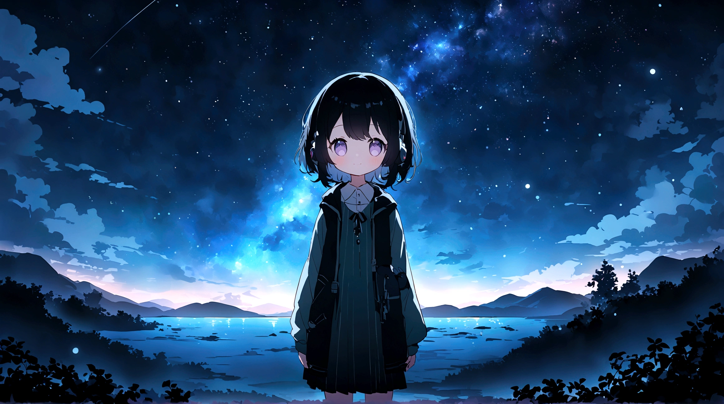title: Night sky healing theme: LOFI music and nighttime relaxation explanation: このThe image is、To the gentle rhythm of lofi music、Contains soothing elements that will help you fall into a good night&#39;s sleep。The stage is set on a slightly dark night.、star々Under the shining sky、A cute girl is listening to music with a relaxed expression。Around her、Filled with fantastic light and color、It invites the viewer into a dreamlike world.。The image is、Perfect for sleep and work videos.、The aim is to provide a sense of calm and relaxation to the viewer.。
