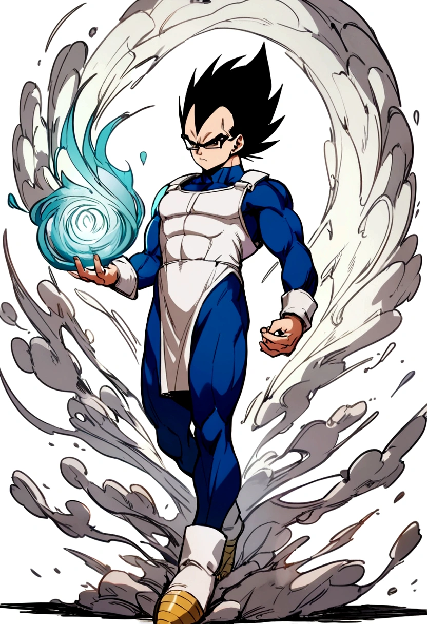 vegeta, whole body, doctor suit, white tunic, glasses, White background