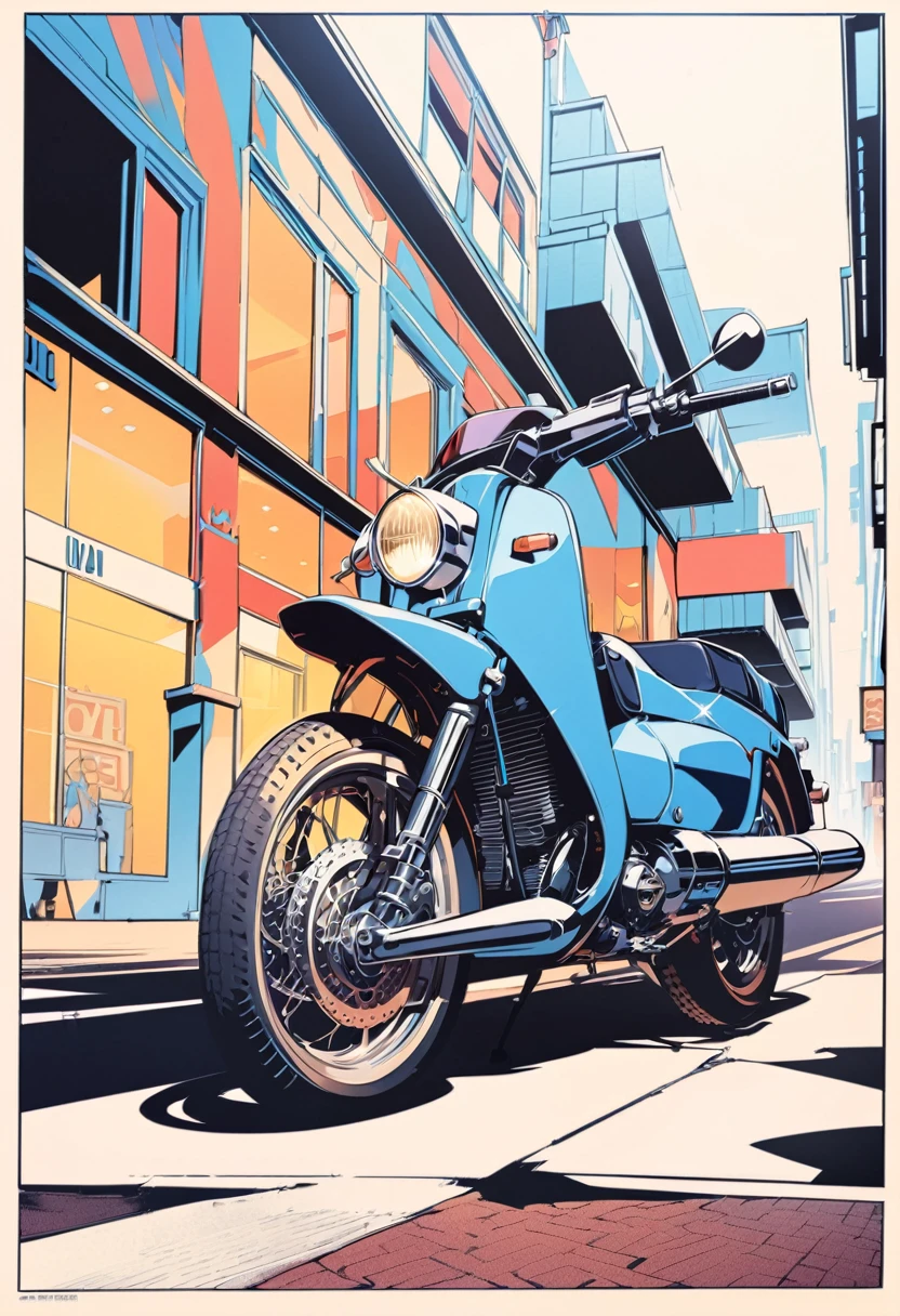 Masterpiece, Top Quality, Best Quality, Extreme Detail, Rich HD Detail, Sharp, Saul Wright Style, 1980s, Detailed Digitally Illustrated Vintage Poster,High Contrast, Vivid Colors, Blurred, Warm Tones,A Blue Motorcycle Stopped in Front of a Building, no human, 