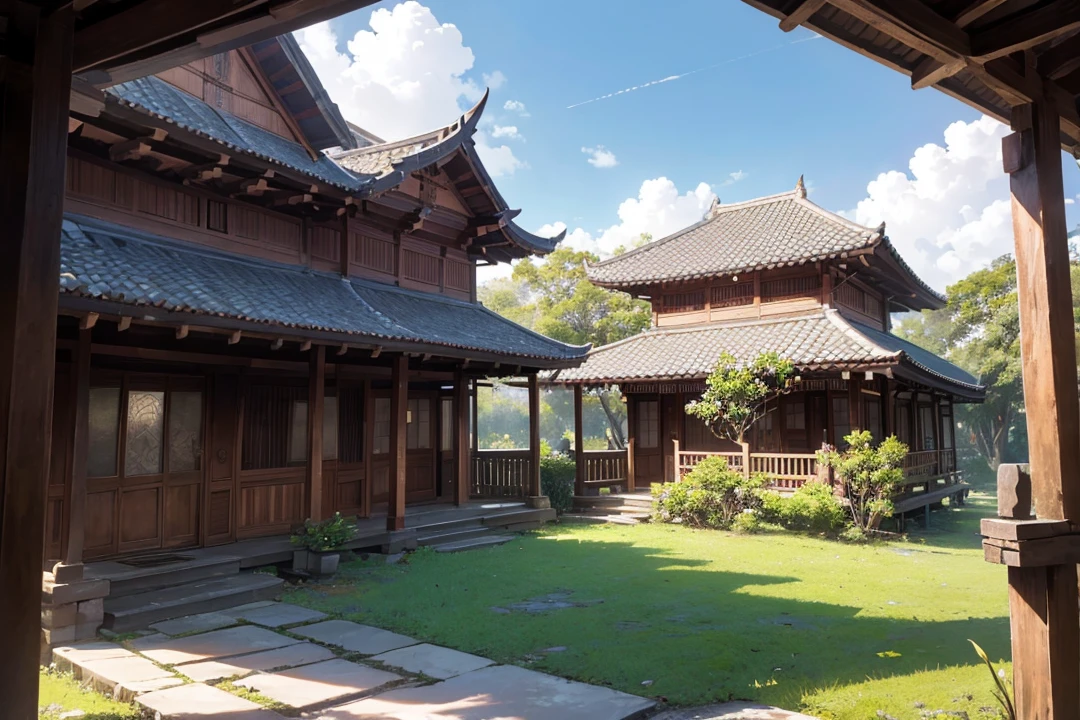 Balinese traditional King house that made out of carved wood & stone brick, (total: 8 pillars) and stone stair case in the middle, traditional balinese roof that made of dark brown hay, Surrounded by bayan tree Forrest. Change the sunny Bright (sky into darkness), thrilling Columbus cloud with some thunder. (Keep the original house stay intact) Anime style, cinematic lightning (enhanced details) (view from above revealing the entire village house)