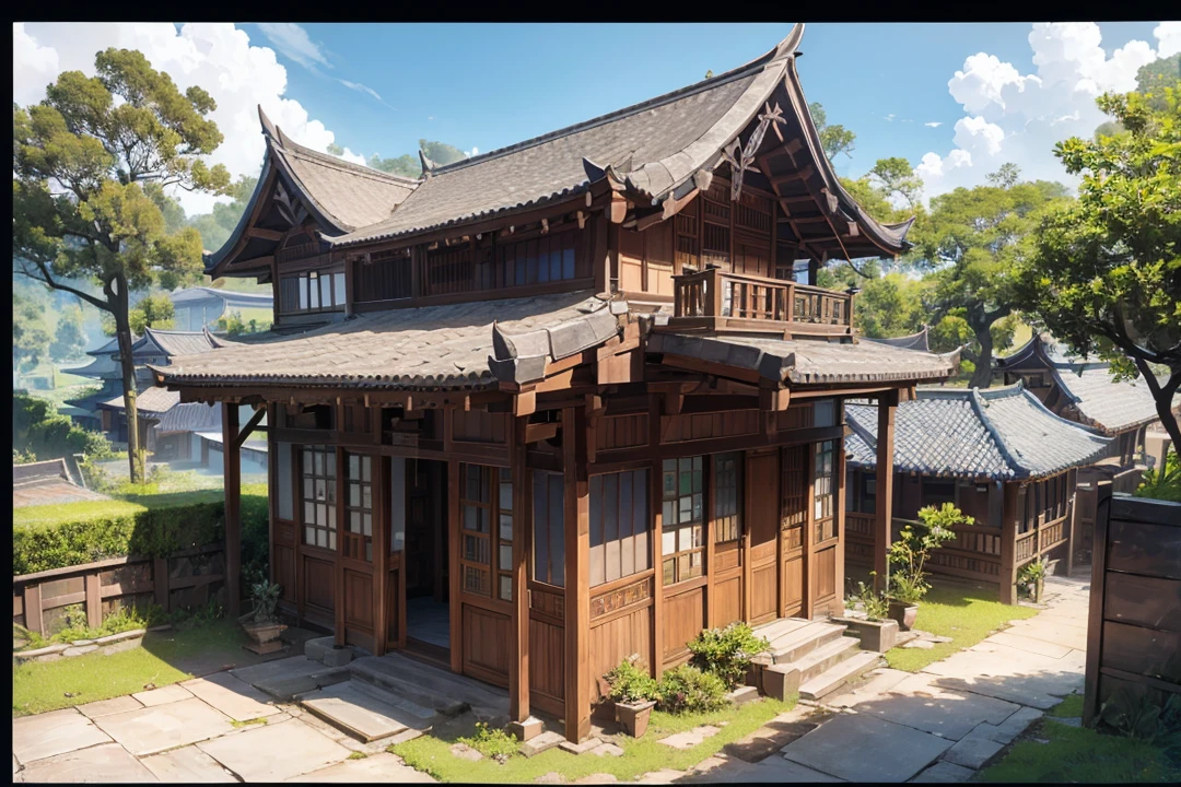 Balinese traditional King house that made out of carved wood & stone brick,  (total: 8 pillars) and stone stair case in the middle, traditional balinese roof that made of dark brown hay, Surrounded by bayan tree Forrest. Change the sunny Bright (sky into darkness), thrilling Columbus cloud with some thunder. (Keep the original house stay intact) Anime style, cinematic lightning (enhanced details) (view from above revealing the entire village house)