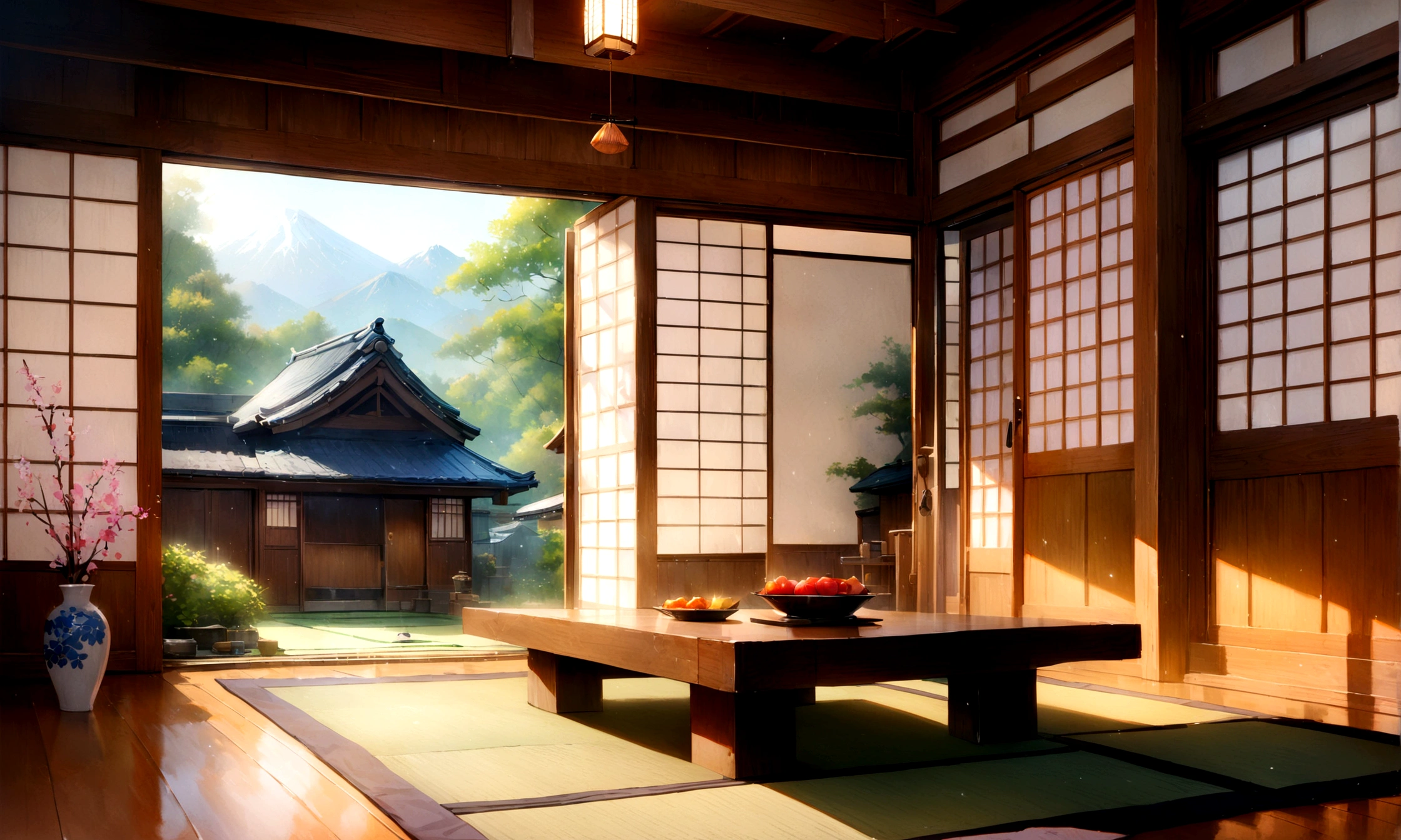 Showa era Japanese house, Nostalgic Japanese Scenery,Japanese tatami mats,Japanese Chabudai,Japanese living room,Old House,Blur the background,Glitter effect,Highest quality, 8K, High resolution, masterpiece:1.2, Very detailed, Realistic:1.37, High resolution, 超High resolution, Ultra-fine painting, Very detailed, Professional, Vibrant colors