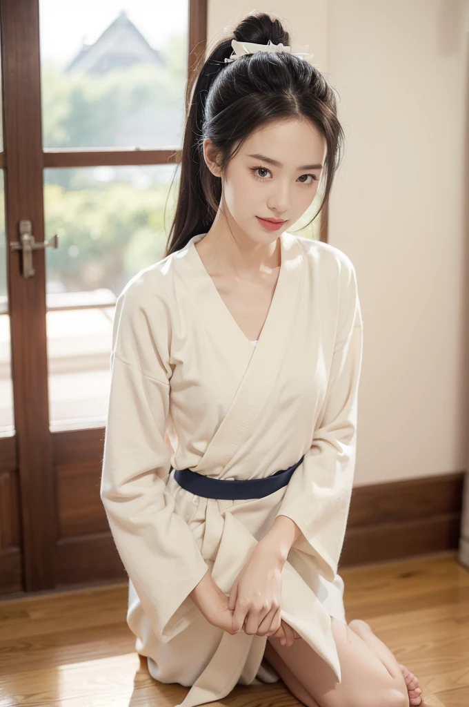 (((best quality))),(((ultra detailed))),(((masterpiece))),illustration,1girl,solo,short ponytail,slim,thin,small breasts,flat chest,white collar,white kendogi,three-quarter sleeves,maxi navy-blue kendo hakama,slender legs,standing in kendo gym,(holding a bokuto:1.3),arms behind back,focused and determined expression,ready for challenge,slender and elegant face,confident and resilient,fair skin,blush,neat teeth,bright smile,clean and tidy uniform,wooden gym floor,wall,pine scent,standard grip,ready to slice through obstacles,strong belief,determination,spirit of resilience,admiring,from front,full body,bare feet