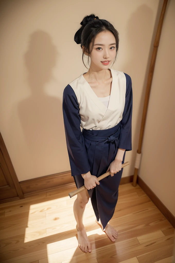 (((best quality))),(((ultra detailed))),(((masterpiece))),illustration,1girl,solo,short ponytail,slim,thin,small breasts,flat chest,white collar,white kendogi,three-quarter sleeves,maxi navy-blue kendo hakama,slender legs,standing in kendo gym,(holding a bokuto:1.3),arms behind back,focused and determined expression,ready for challenge,slender and elegant face,confident and resilient,fair skin,blush,neat teeth,bright smile,clean and tidy uniform,wooden gym floor,wall,pine scent,standard grip,ready to slice through obstacles,strong belief,determination,spirit of resilience,admiring,from front,full body,bare feet