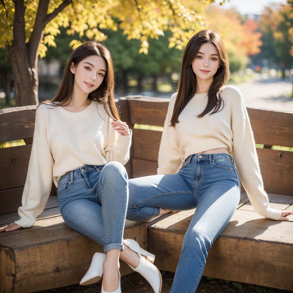 (Best quality,8K,masterpiece:1.3),(Sharp focus:1.2),accurate brunette,Smile,(A girl:1.2),(Well-proportioned body:1.4),(Short sweater:1.4)(jeans:1.2),external,Autumnal,Sunlight,Delicate face,beautiful eyes,Straight Legs