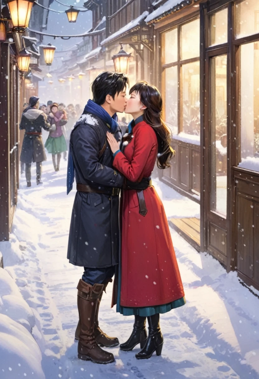 Shanghai on the Bund，The hero and heroine kiss passionately in the snow，Passersby cheered and applauded