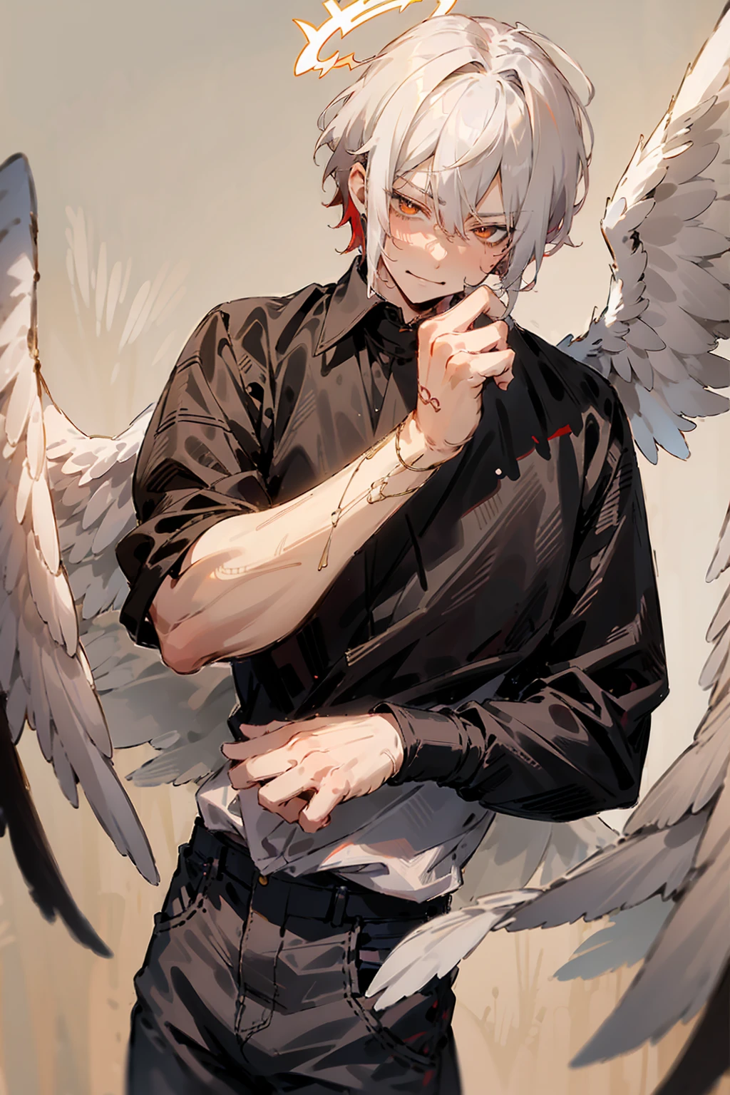 1male, Adult, Two Tone Hair, Crimson and White Hair, Short Hair, Undercut Hair, Black and White Horns, Angel Halo, Black Wings, Golden Eyes, Smirk, Black and White Flannel Shirt, Black Ripped Jeans