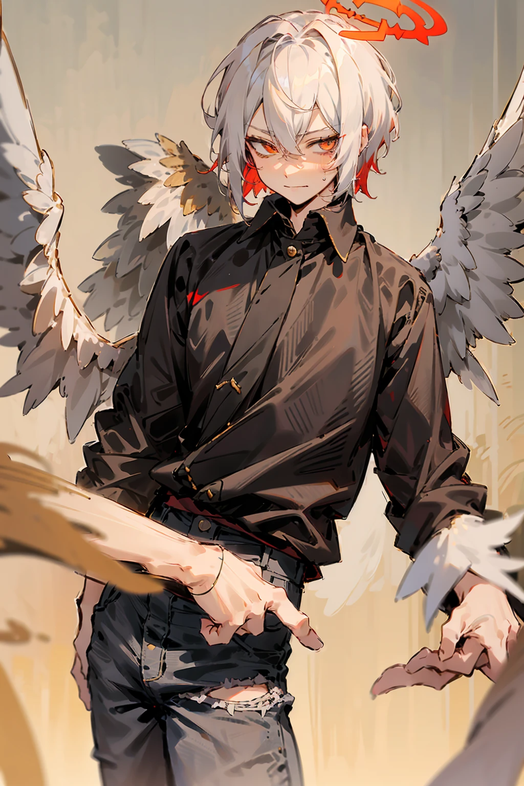 1male, Adult, Two Tone Hair, Crimson and White Hair, Short Hair, Undercut Hair, Black and White Horns, Angel Halo, Black Wings, Golden Eyes, Smirk, Black and White Flannel Shirt, Black Ripped Jeans