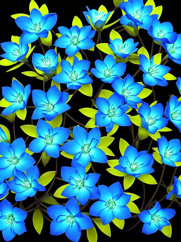 blue flowers in a black background with a black background, glowing flowers, glowing blue, glowing neon flowers, blue bioluminescence, [ bioluminescent colors ]!!, luminous flowers, bioluminescent skin!, bioluminescent plants, neon flowers, neon color bioluminescence, glowing hue of teal, blue glow