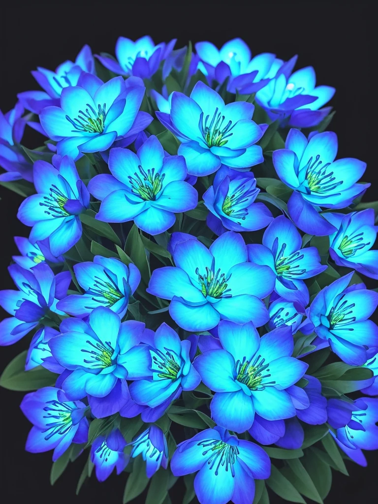 blue flowers in a black background with a black background, glowing flowers, glowing blue, glowing neon flowers, blue bioluminescence, [ bioluminescent colors ]!!, luminous flowers, bioluminescent skin!, bioluminescent plants, neon flowers, neon color bioluminescence, glowing hue of teal, blue glow