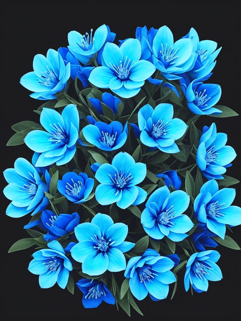 blue flowers in a black background with a black background, glowing flowers, glowing blue, glowing neon flowers, blue bioluminescence, [ bioluminescent colors ]!!, luminous flowers, bioluminescent skin!, bioluminescent plants, neon flowers, neon color bioluminescence, glowing hue of teal, blue glow