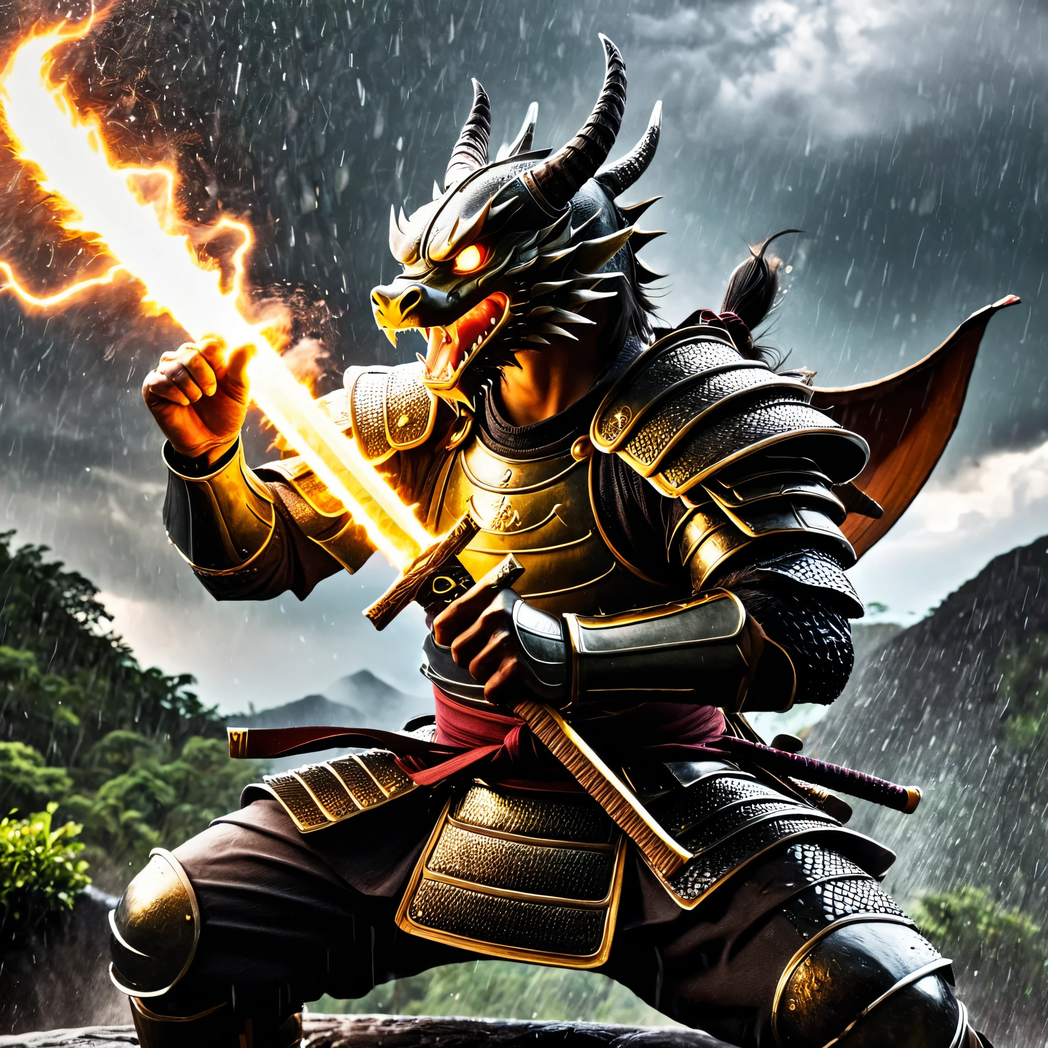 A dramatic and intense scene of a fierce battle between a samurai and a dragon. The samurai, clad in detailed traditional armor, wields a gleaming katana, ready to strike. The dragon, with its scales and menacing features, roars and breathes fire, creating a sense of chaos. The background is stormy, with dark clouds, lightning, and rain adding to the epic atmosphere. The entire scene is filled with dynamic action and high tension, capturing a moment of legendary combat.