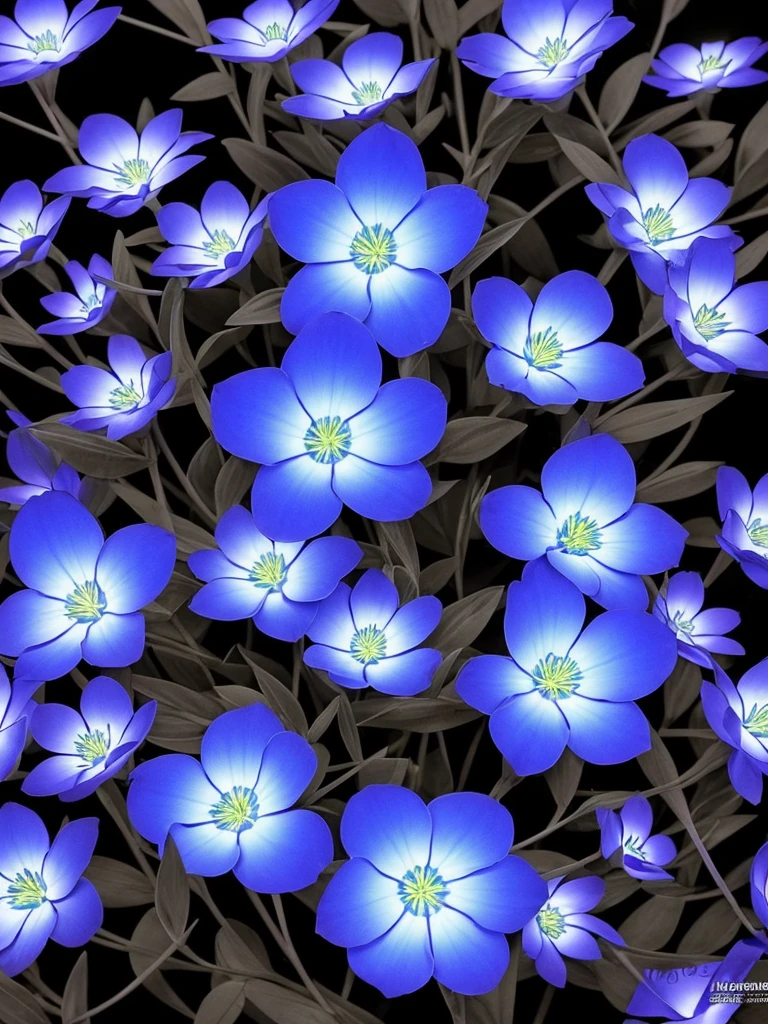 blue flowers in a black background with a black background, a colorized photo by Tadashi Nakayama, flickr, fine art, glowing flowers, glowing blue, glowing neon flowers, blue bioluminescence, [ bioluminescent colors ]!!, luminous flowers, bioluminescent skin!, bioluminescent plants, neon flowers