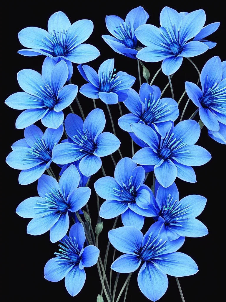blue flowers in a black background with a black background, a colorized photo by Tadashi Nakayama, flickr, fine art, glowing flowers, glowing blue, glowing neon flowers, blue bioluminescence, [ bioluminescent colors ]!!, luminous flowers, bioluminescent skin!, bioluminescent plants, neon flowers