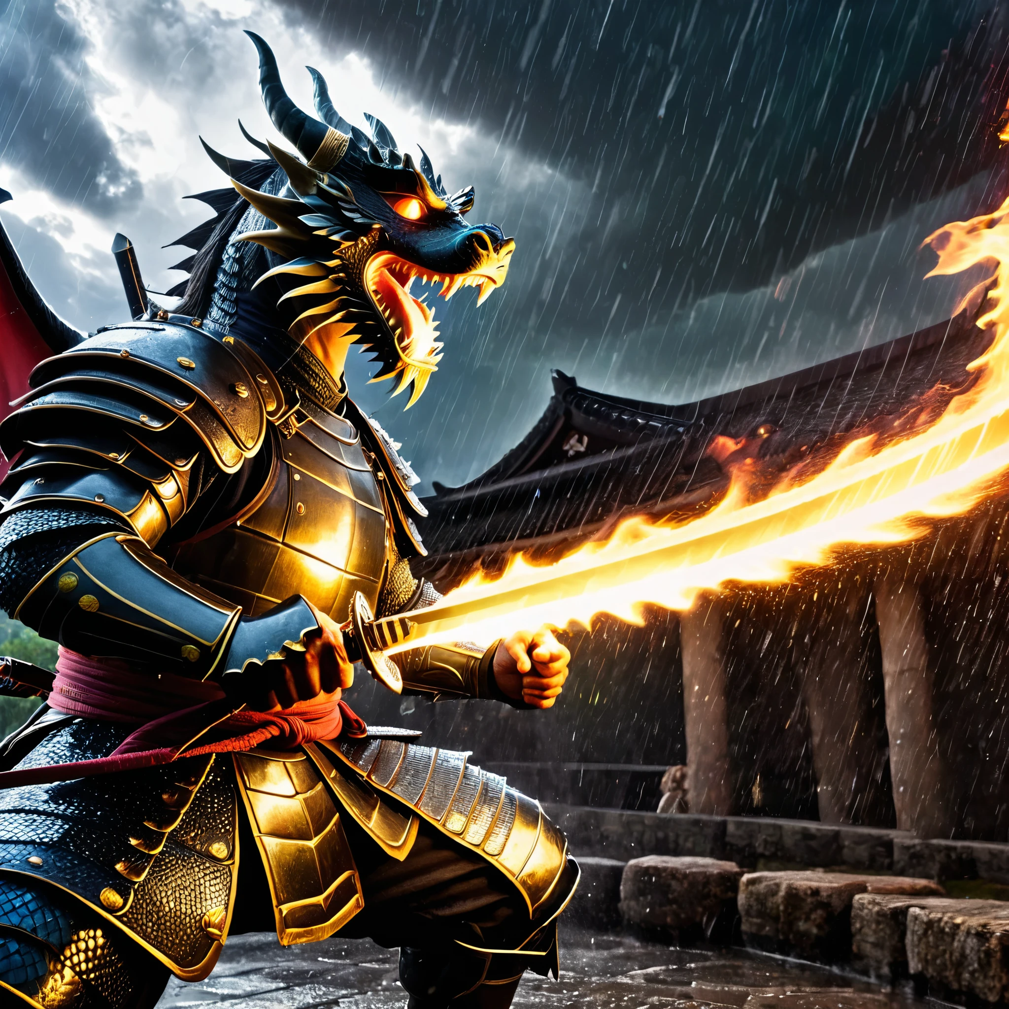 A dramatic and intense scene of a fierce battle between a samurai and a dragon. The samurai, clad in detailed traditional armor, wields a gleaming katana, ready to strike. The dragon, with its scales and menacing features, roars and breathes fire, creating a sense of chaos. The background is stormy, with dark clouds, lightning, and rain adding to the epic atmosphere. The entire scene is filled with dynamic action and high tension, capturing a moment of legendary combat.