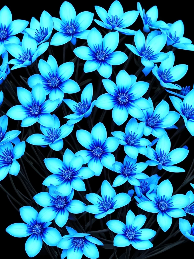 blue flowers in a black background with a black background, glowing flowers, glowing blue, glowing neon flowers, blue bioluminescence, [ bioluminescent colors ]!!, luminous flowers, bioluminescent skin!, bioluminescent plants, neon flowers, neon color bioluminescence, glowing hue of teal, blue glow