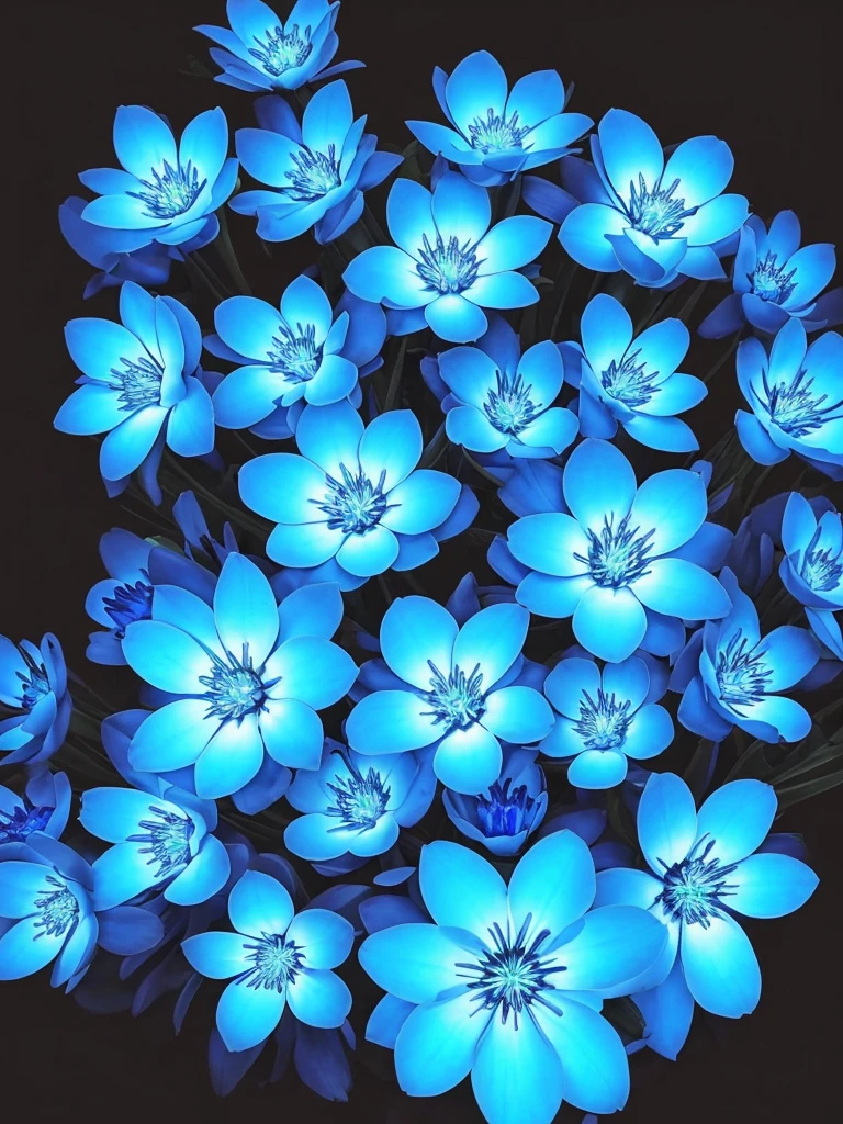 blue flowers in a black background with a black background, glowing flowers, glowing blue, glowing neon flowers, blue bioluminescence, [ bioluminescent colors ]!!, luminous flowers, bioluminescent skin!, bioluminescent plants, neon flowers, neon color bioluminescence, glowing hue of teal, blue glow